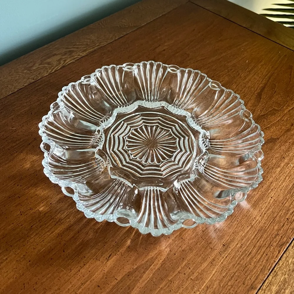 Vintage Anchor Hocking Clear pressed Glass 10” deviled egg platter